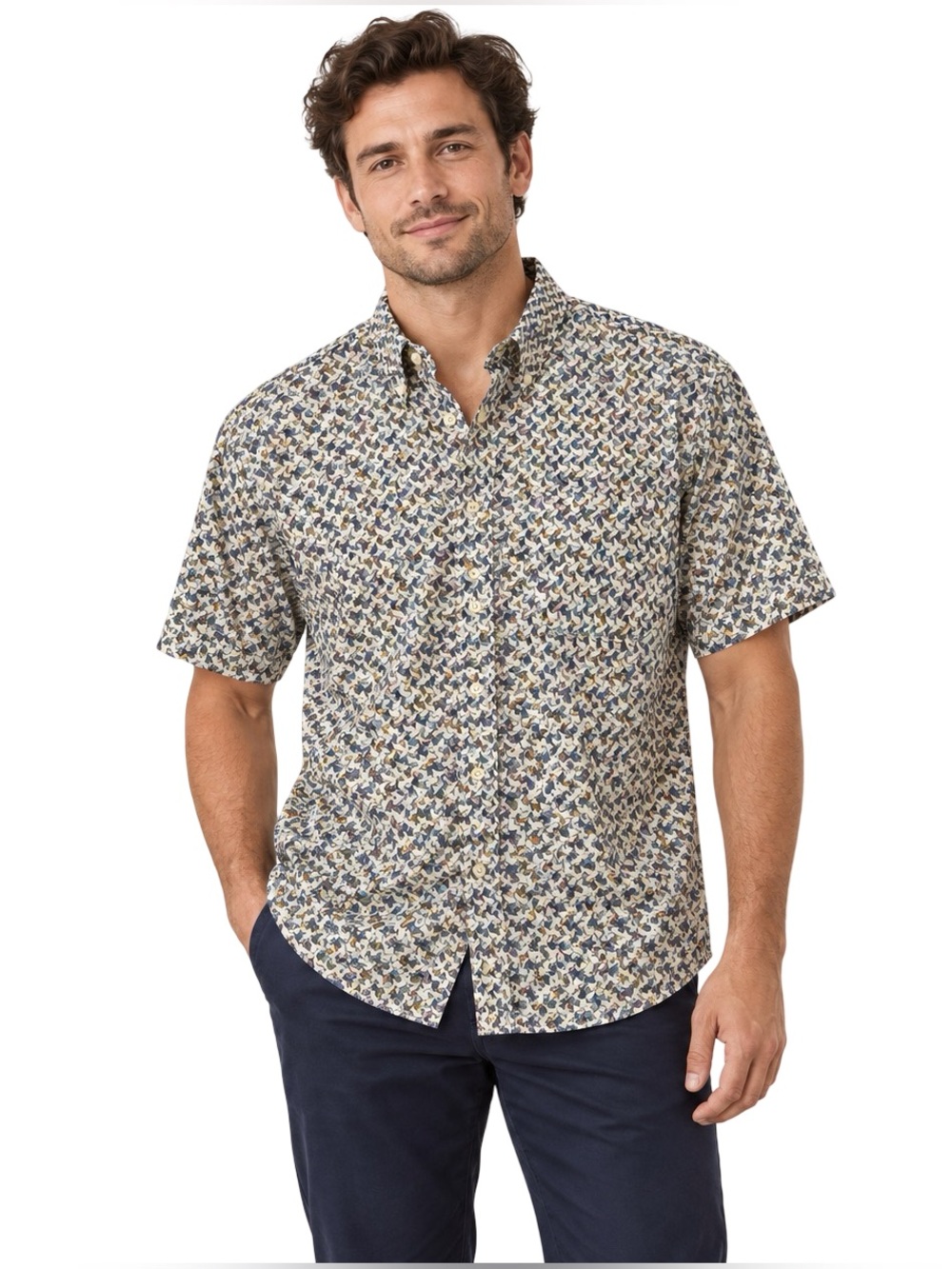 Viyella Men’s L Bird Print 100% Cotton Short Sleeve Button-Down Made in Canada